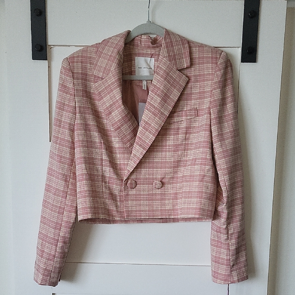 Avec Les Filles Pink Plaid Cropped Blazer